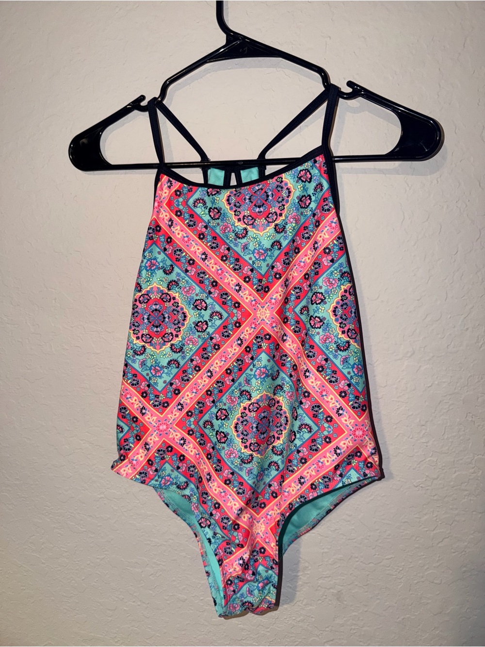 Girls XL 14-16 Colorful One‎ Piece Swimsuit Geometric Floral Print Racerback new